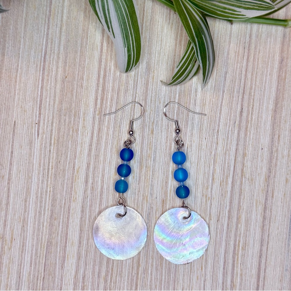 Ocean Blue Sea Glass & Mother of Pearl Dangle Earrings | Handmade